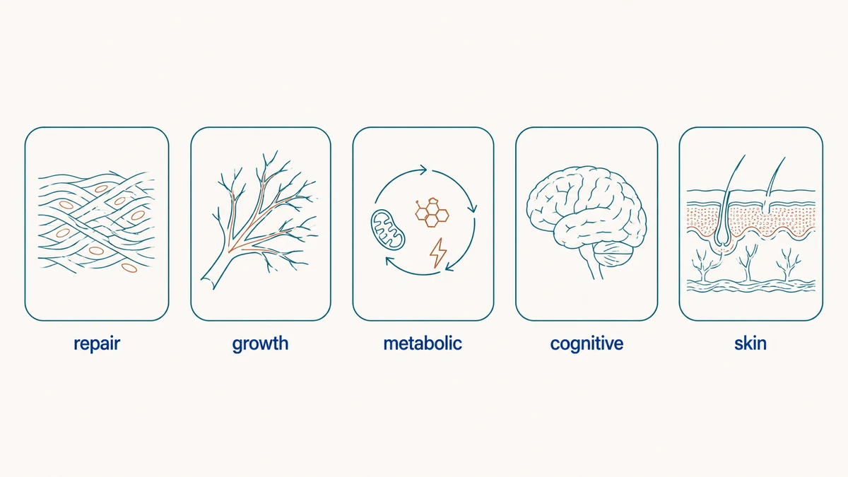 Five research-topic icons labelled repair, growth, metabolic, cognitive and skin